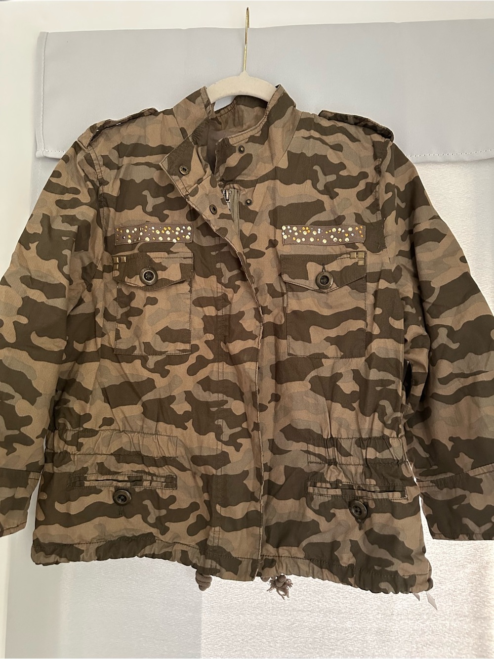 Jolt Women Camouflage Utility Jacket with Stud Accents - Olive Green Brown
